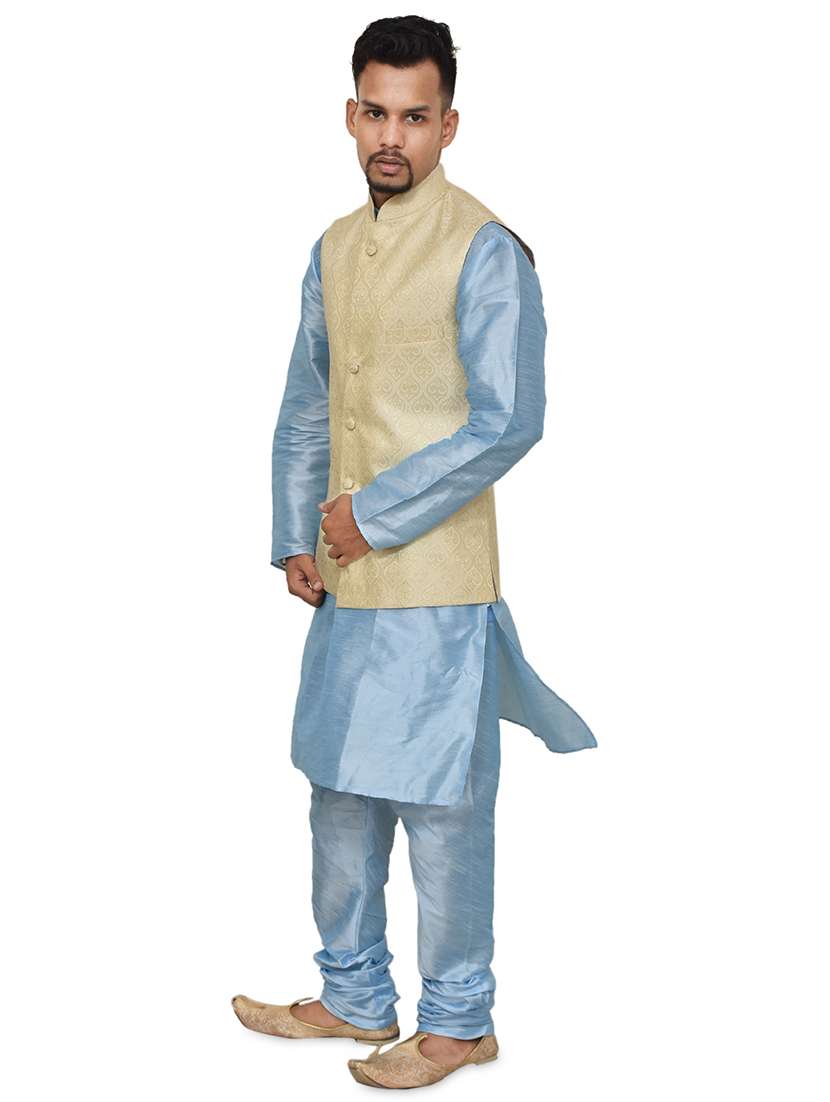 blue silk blend kurta pyjama with jacket ethnic wear set - 19187905 -  Standard Image - 1