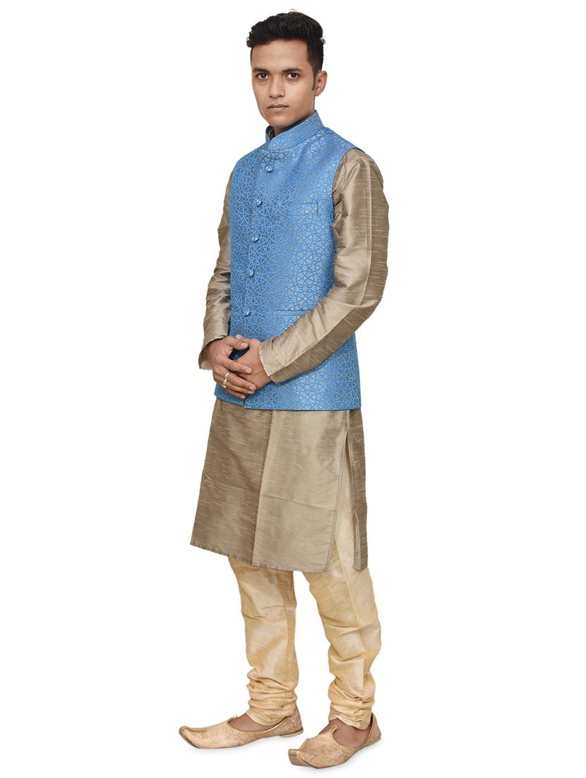 gold silk blend kurta pyjama with jacket ethnic wear set - 19187906 -  Standard Image - 1