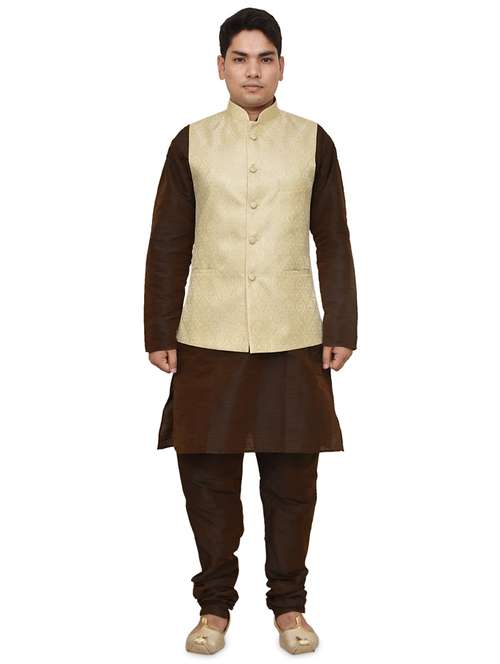 brown silk blend kurta pyjama with jacket ethnic wear set - 19187908 -  Standard Image - 0