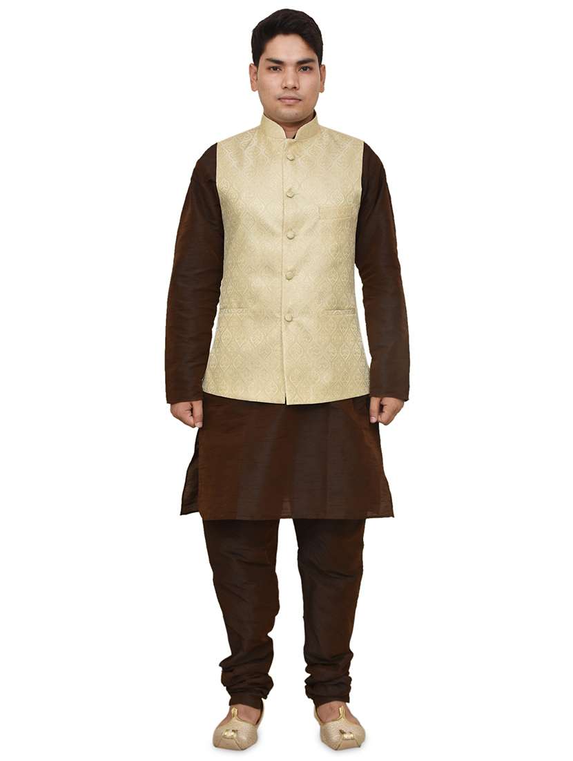 brown silk blend kurta pyjama with jacket ethnic wear set - 19187908 -  Zoom Image - 0