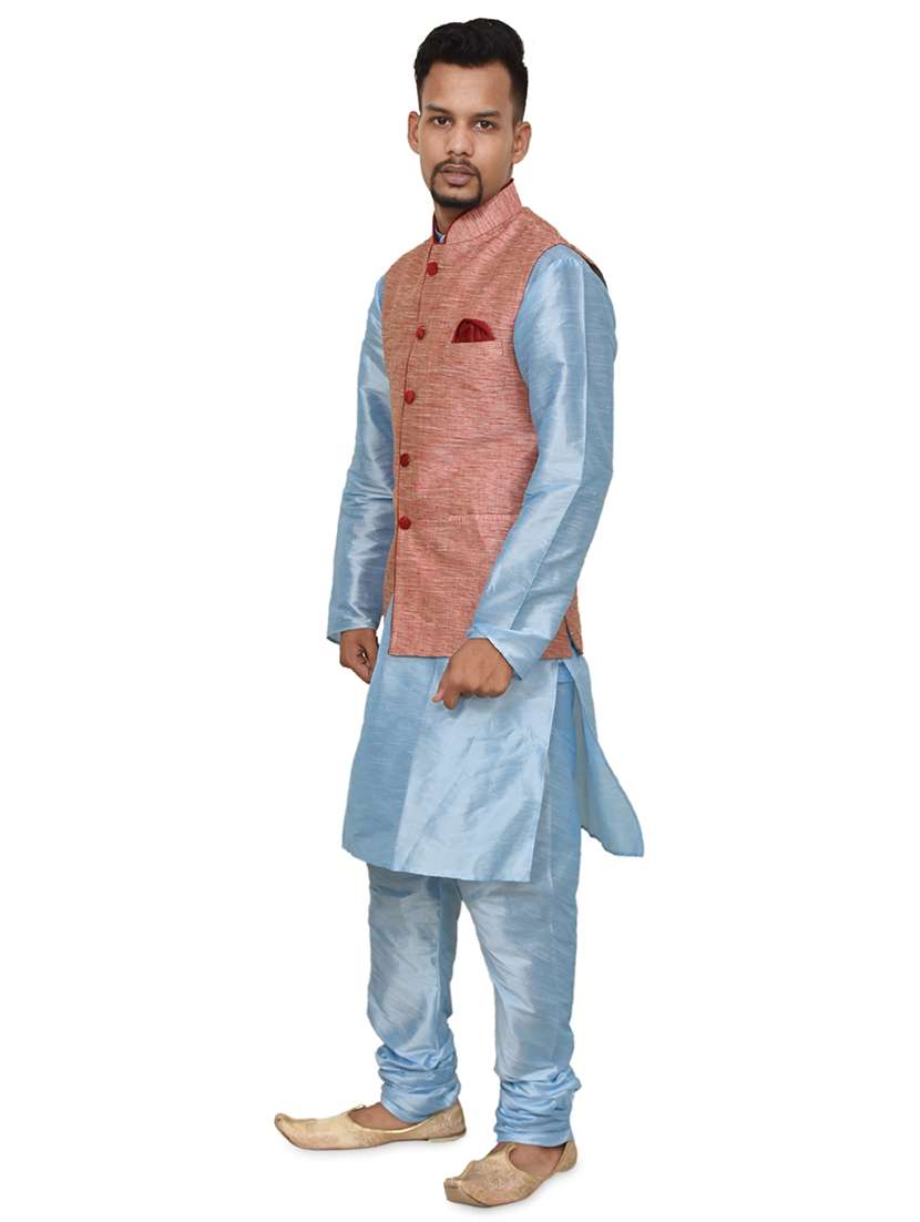 blue silk blend kurta pyjama with jacket ethnic wear set - 19187909 -  Standard Image - 1
