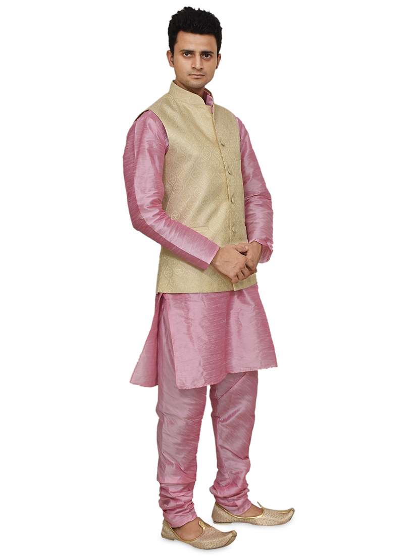 pink silk blend kurta pyjama with jacket ethnic wear set - 19187910 -  Standard Image - 1