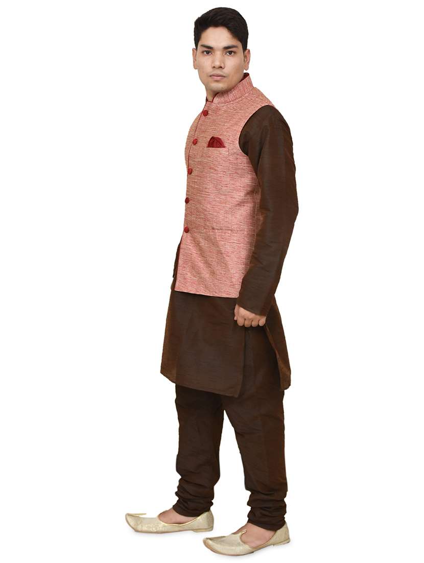 brown silk blend kurta pyjama with jacket ethnic wear set - 19187911 -  Standard Image - 1