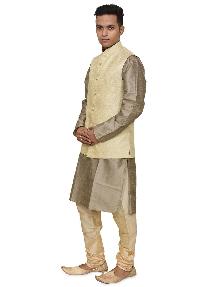 gold silk blend kurta pyjama with jacket ethnic wear set - 19187913 -  Standard Image - 1