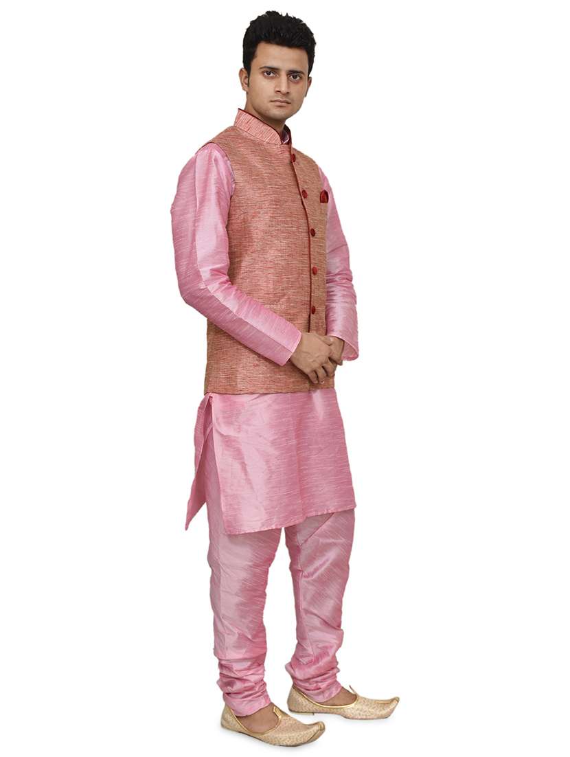 pink silk blend kurta pyjama with jacket ethnic wear set - 19187914 - Standard Image - 1