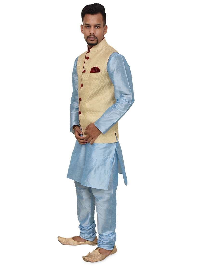 blue silk blend kurta pyjama with jacket ethnic wear set - 19187915 - Standard Image - 1