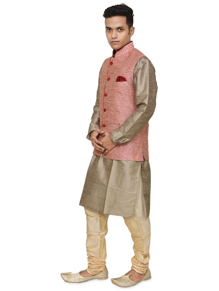 gold silk blend kurta pyjama with jacket ethnic wear set - 19187917 - Standard Image - 1