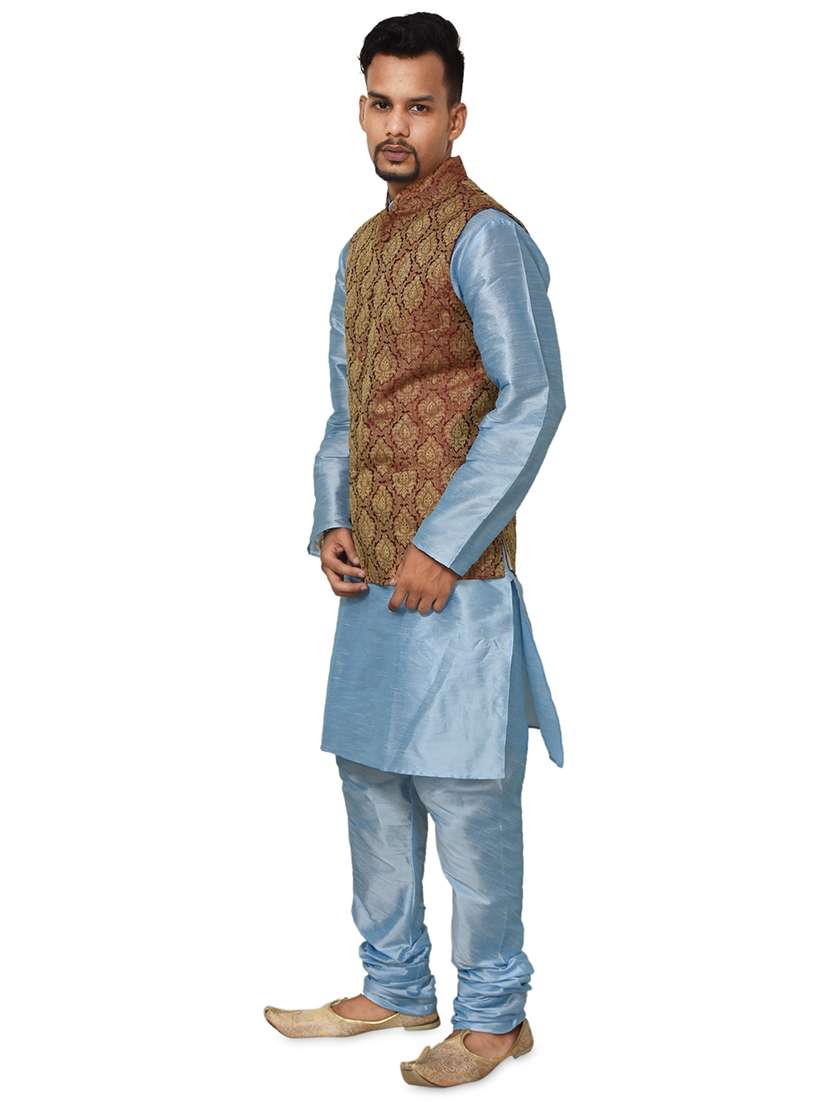 blue silk blend kurta pyjama with jacket ethnic wear set - 19187919 -  Standard Image - 1