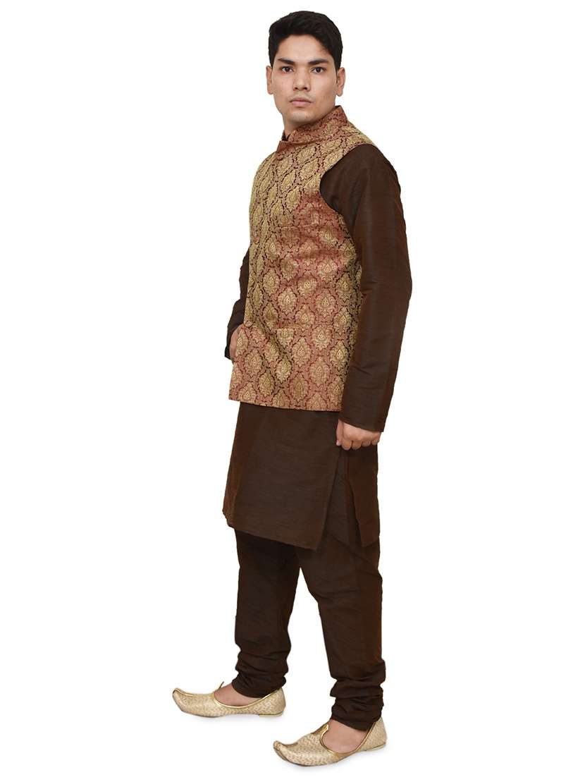 brown silk blend kurta pyjama with jacket ethnic wear set - 19187920 -  Standard Image - 1