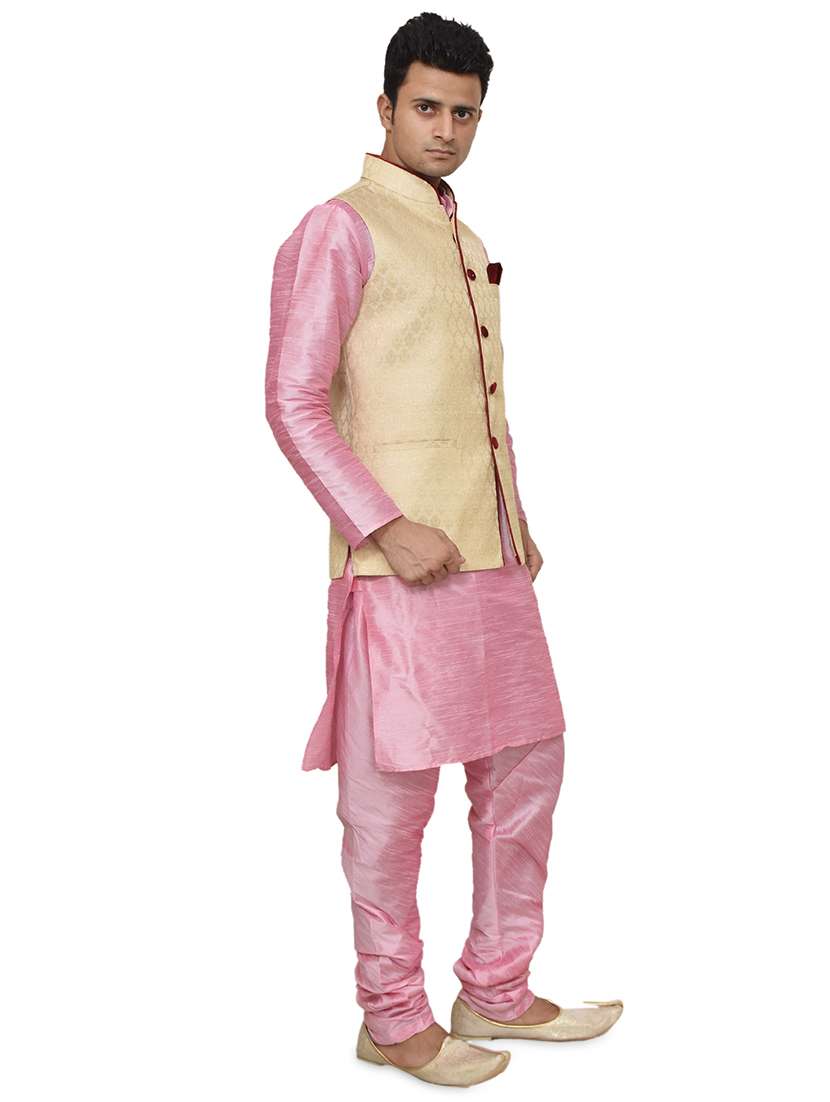 pink silk blend kurta pyjama with jacket ethnic wear set - 19187921 -  Standard Image - 1