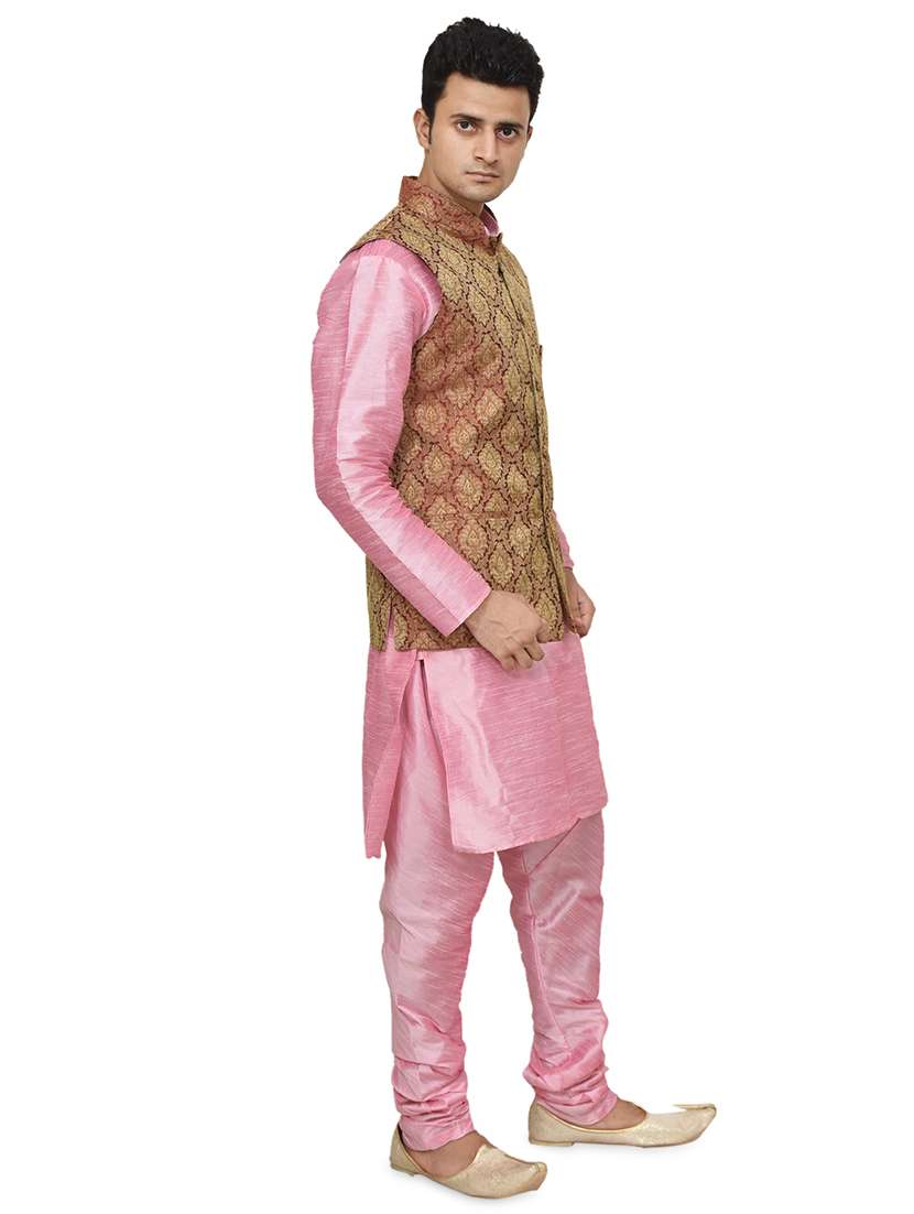 pink silk blend kurta pyjama with jacket ethnic wear set - 19187923 -  Standard Image - 1