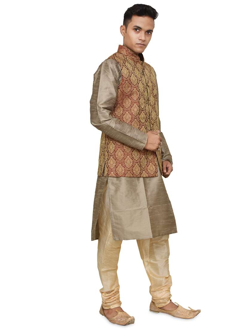 copper gold silk blend kurta pyjama with jacket ethnic wear set - 19187924 - Standard Image - 1