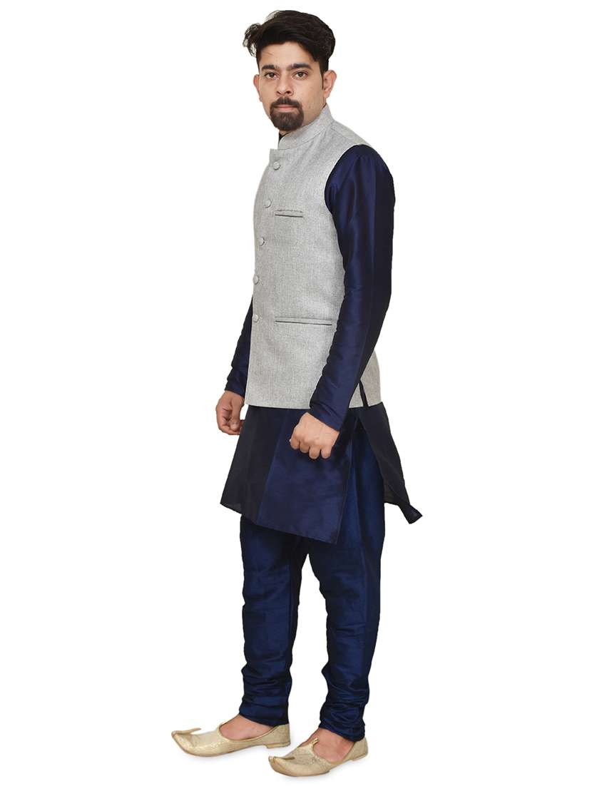 navy blue silk blend kurta pyjama with jacket ethnic wear set - 19187925 -  Standard Image - 1
