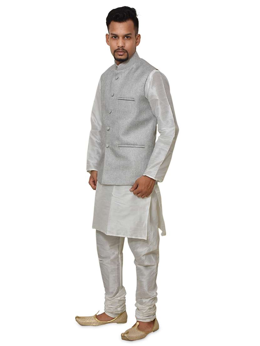 white silk blend kurta pyjama with jacket ethnic wear set - 19187927 - Standard Image - 1