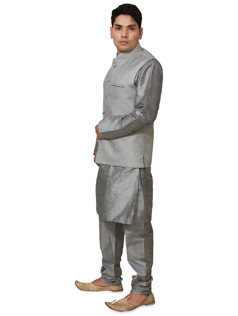 grey silk blend kurta pyjama with jacket ethnic wear set - 19187929 -  Standard Image - 1