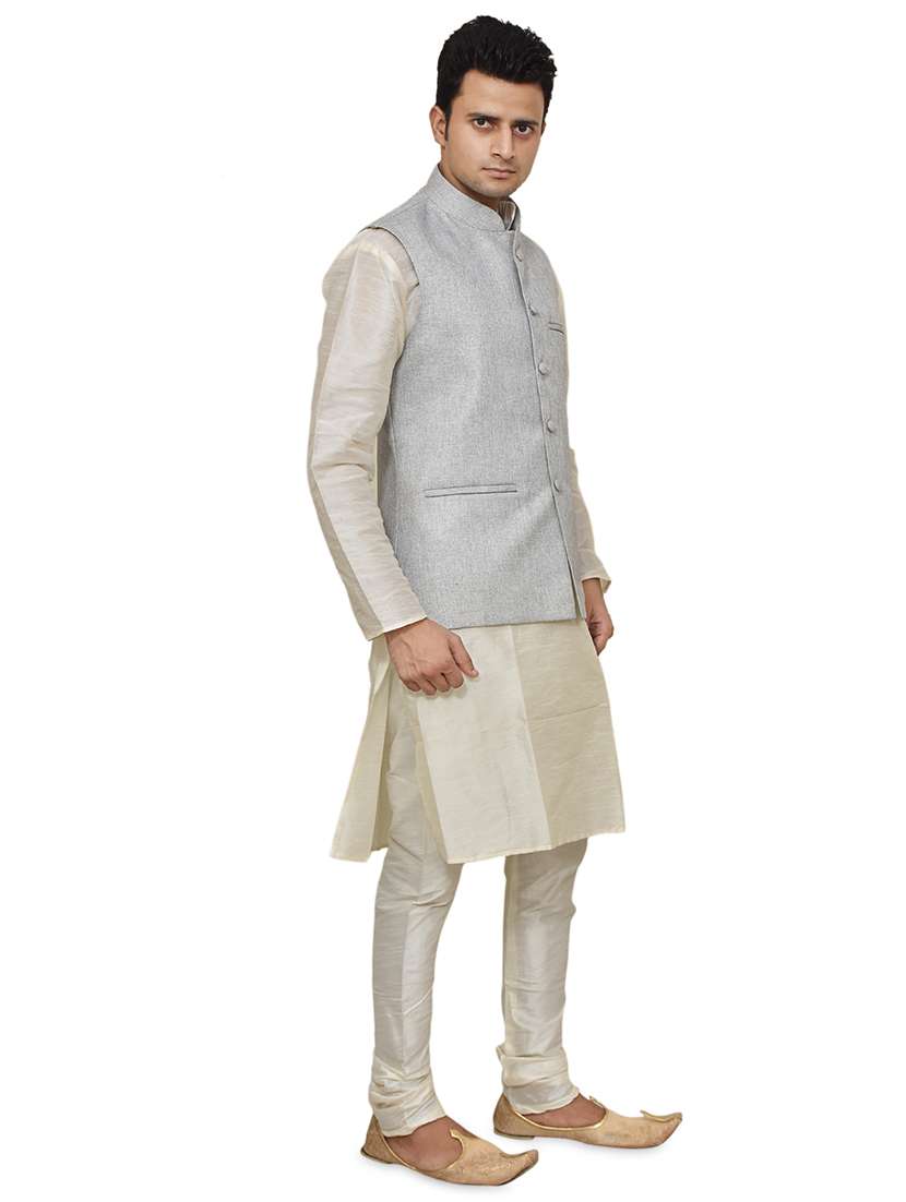 cream silk blend kurta pyjama with jacket ethnic wear set - 19187931 - Standard Image - 1