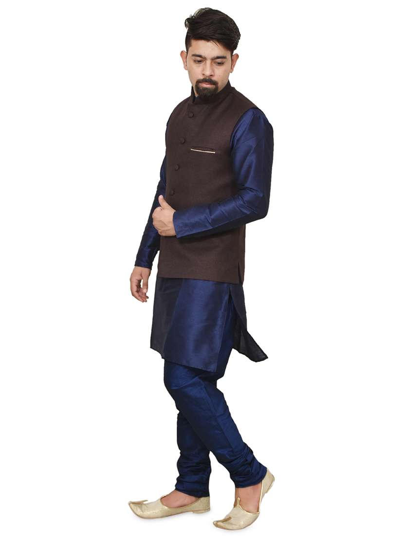 navy blue silk blend kurta pyjama with jacket ethnic wear set - 19187933 -  Standard Image - 1