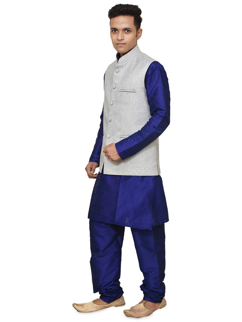 blue silk blend kurta pyjama with jacket ethnic wear set - 19187934 - Standard Image - 1