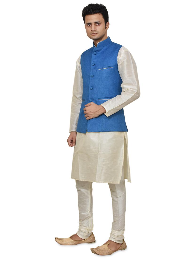 cream silk blend kurta pyjama with jacket ethnic wear set - 19187936 -  Standard Image - 1