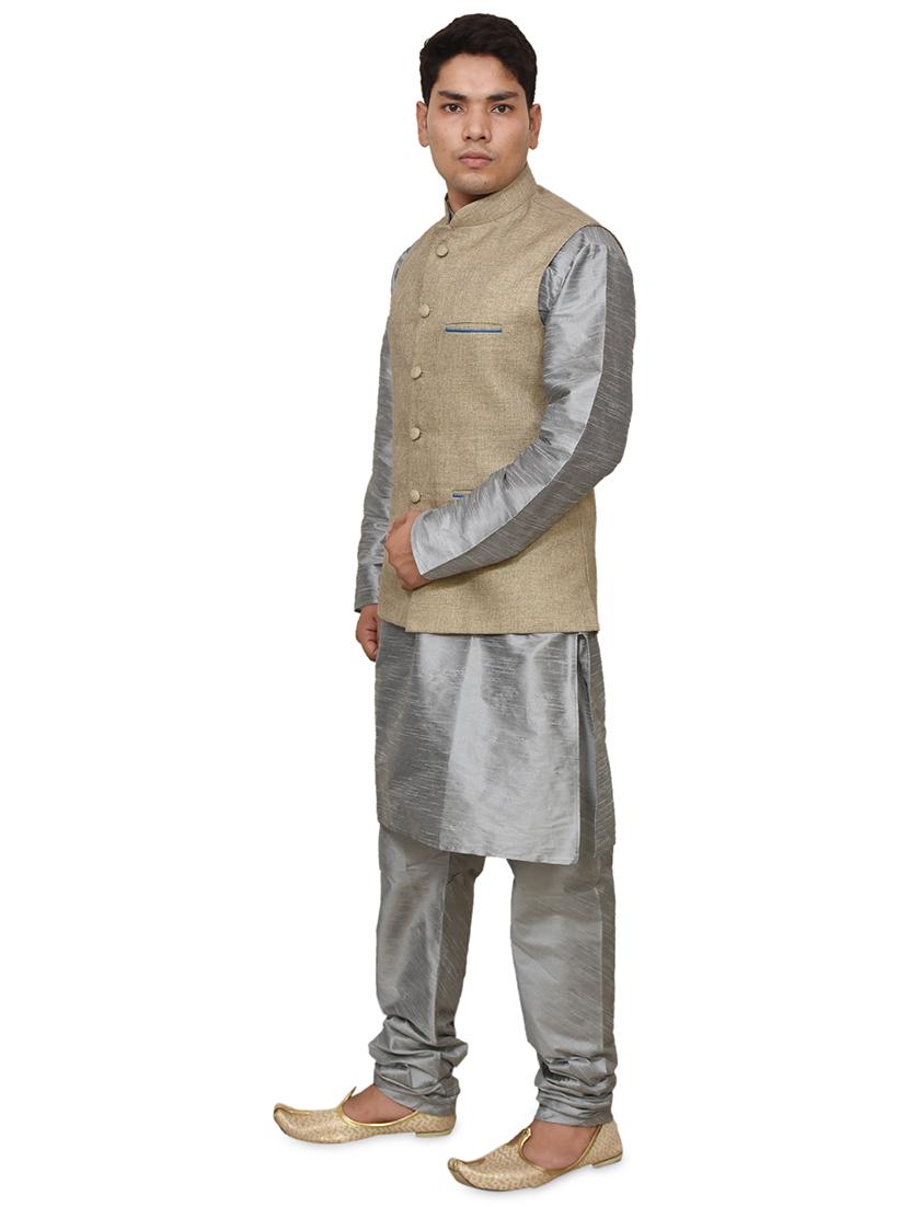 silver silk blend kurta pyjama with jacket ethnic wear set - 19187937 - Standard Image - 1