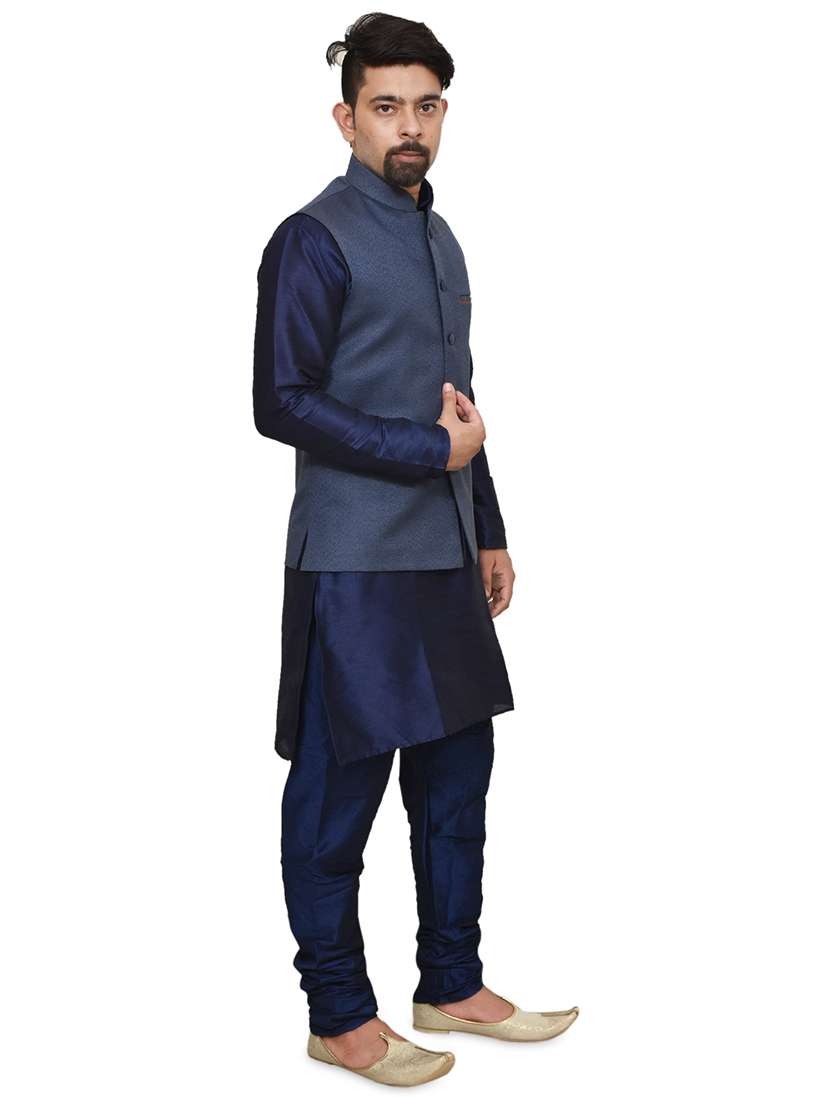 navy blue silk blend kurta pyjama with jacket ethnic wear set - 19187938 -  Standard Image - 1
