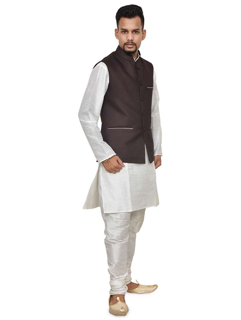 white silk blend kurta pyjama with jacket ethnic wear set - 19187939 -  Standard Image - 1