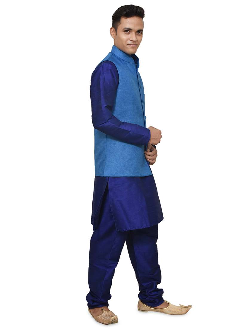 royal blue silk blend kurta pyjama with jacket ethnic wear set - 19187940 -  Standard Image - 1