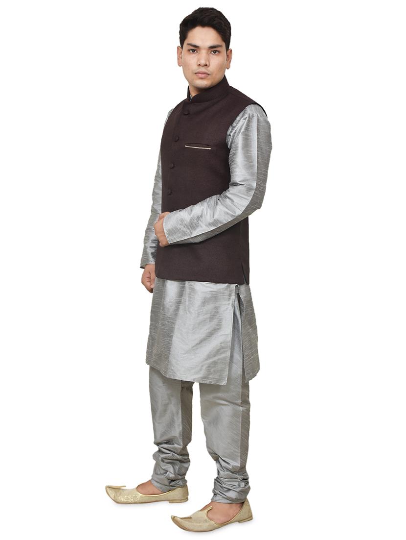 silver silk blend kurta pyjama with jacket ethnic wear set - 19187942 - Standard Image - 1