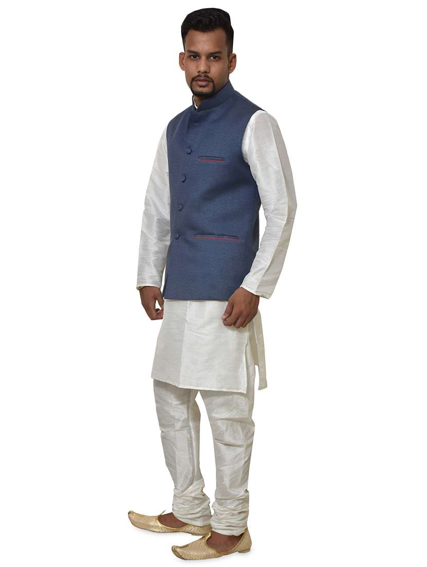 white silk blend kurta pyjama with jacket ethnic wear set - 19187943 -  Standard Image - 1