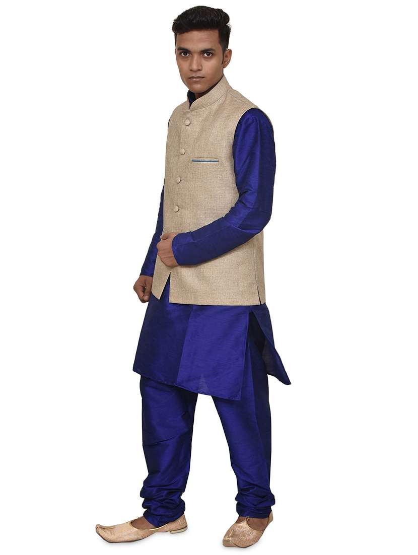 royal blue silk blend kurta pyjama with jacket ethnic wear set - 19187945 - Standard Image - 1