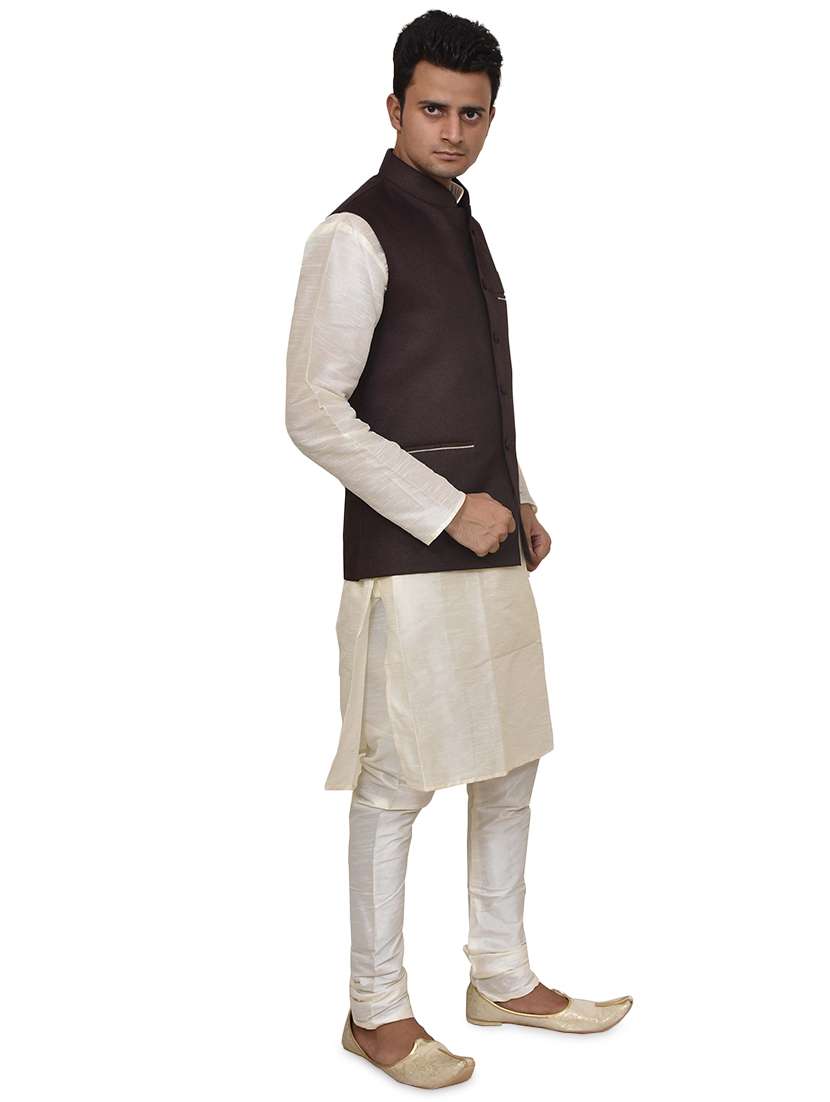cream silk blend kurta pyjama with jacket ethnic wear set - 19187946 -  Standard Image - 1
