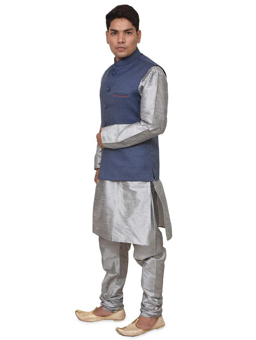 silver silk blend kurta pyjama with jacket ethnic wear set - 19187947 - Standard Image - 1