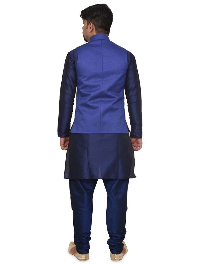 navy blue silk blend kurta pyjama with jacket ethnic wear set - 19187949 -  Standard Image - 1