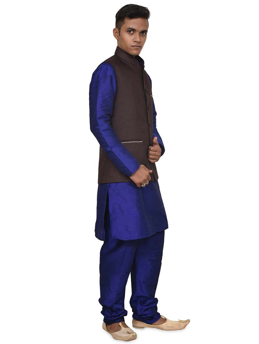 royal blue silk blend kurta pyjama with jacket ethnic wear set - 19187951 - Standard Image - 1