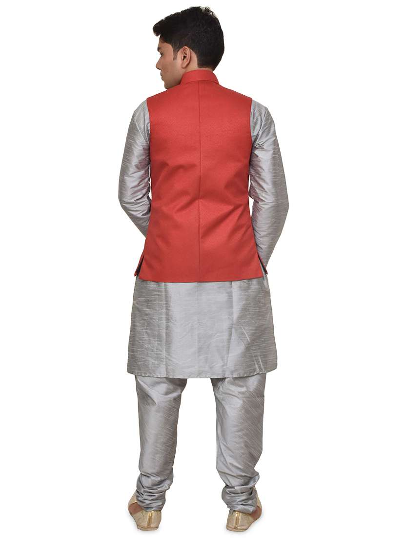 silver silk blend kurta pyjama with jacket ethnic wear set - 19187952 -  Standard Image - 1