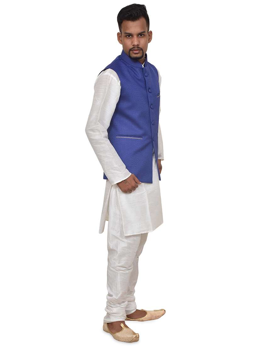 white silk blend kurta pyjama with jacket ethnic wear set - 19187953 -  Standard Image - 1