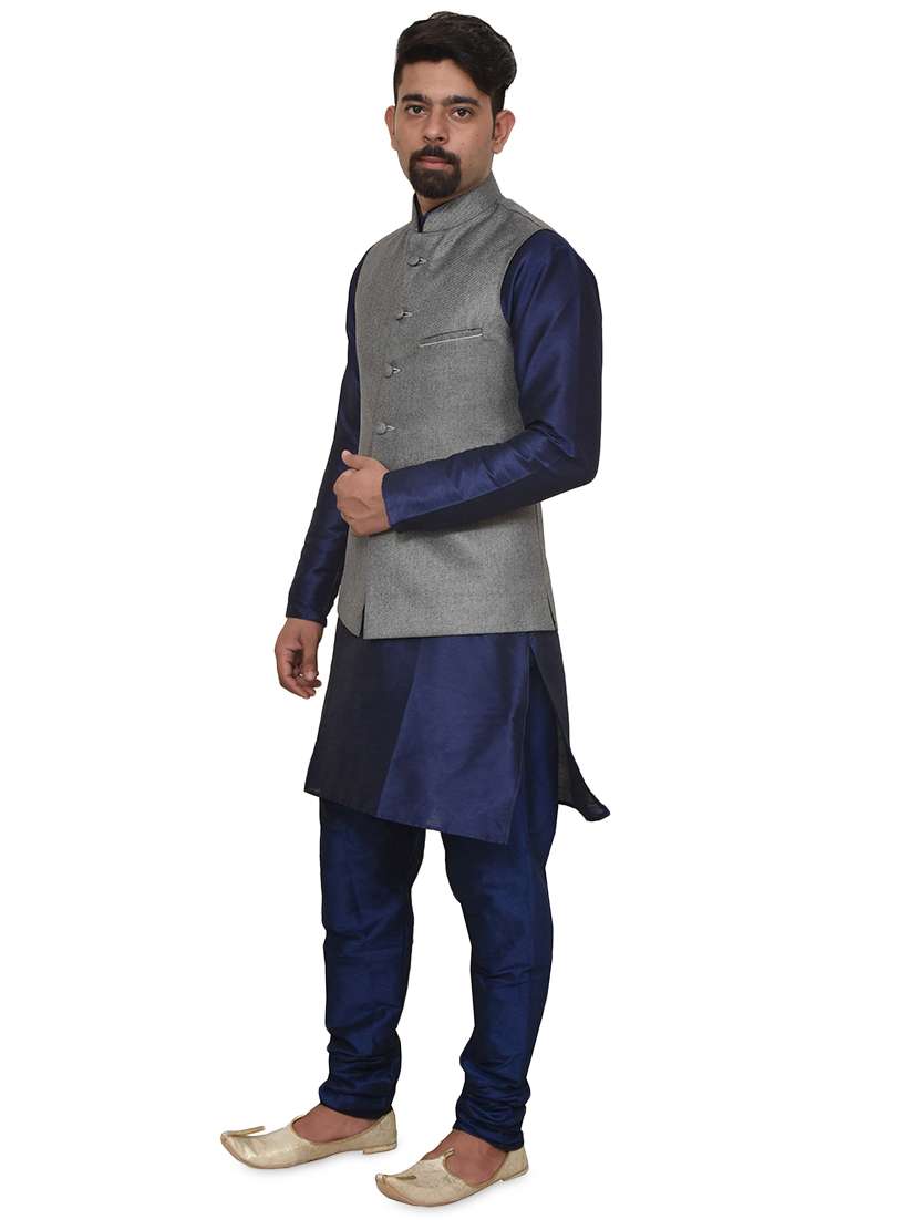 navy blue silk blend kurta pyjama with jacket ethnic wear set - 19187954 -  Standard Image - 1