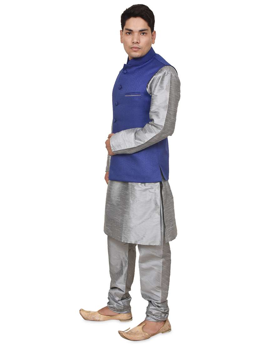 silver silk blend kurta pyjama with jacket ethnic wear set - 19187957 -  Standard Image - 1