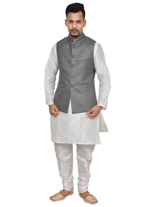 white silk blend kurta pyjama with jacket ethnic wear set - 19187958 -  Standard Image - 0