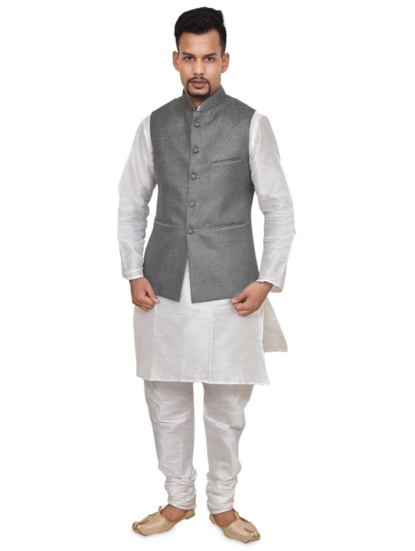 white silk blend kurta pyjama with jacket ethnic wear set