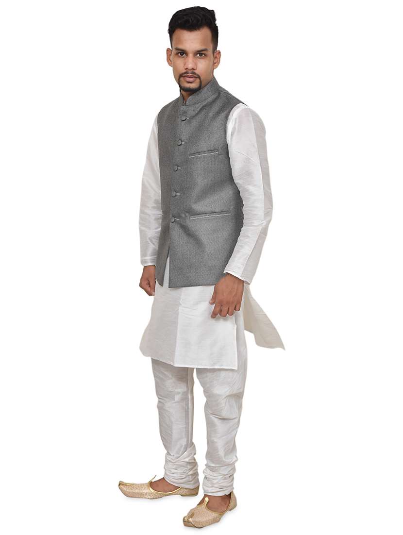 white silk blend kurta pyjama with jacket ethnic wear set - 19187958 -  Standard Image - 1