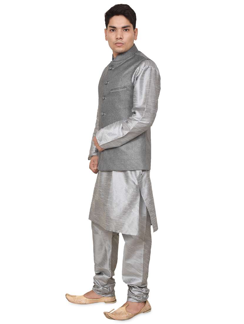 silver silk blend kurta pyjama with jacket ethnic wear set - 19187960 -  Standard Image - 1