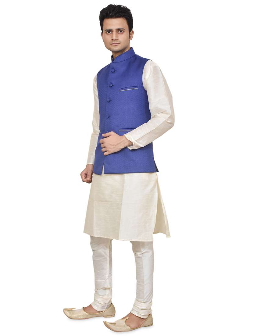 cream silk blend kurta pyjama with jacket ethnic wear set - 19187961 -  Standard Image - 1