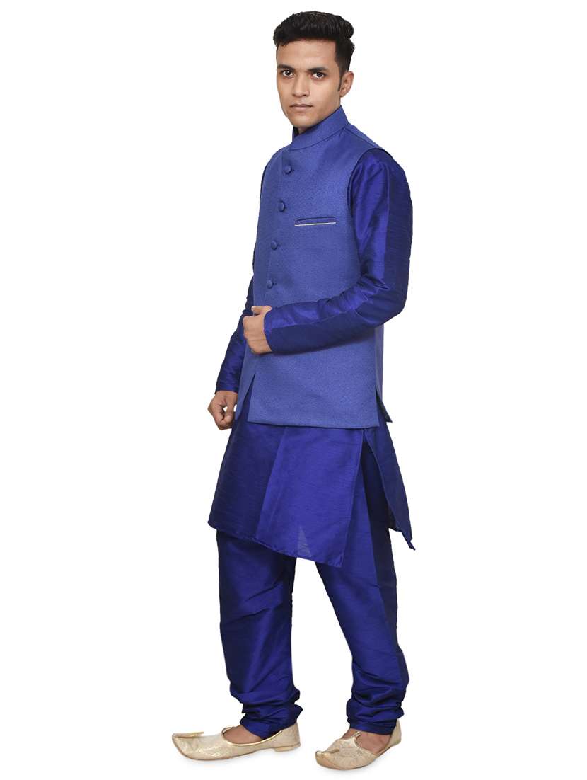 royal blue silk blend kurta pyjama with jacket ethnic wear set - 19187962 -  Standard Image - 1