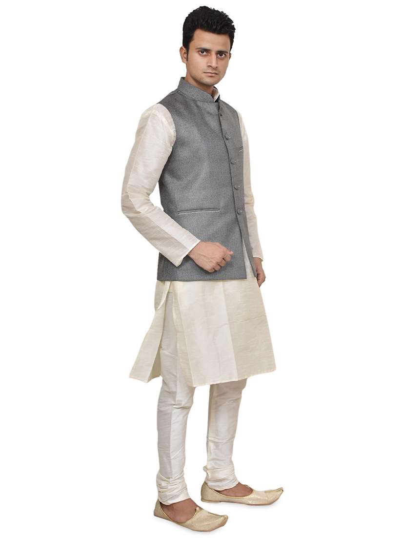 cream silk blend kurta pyjama with jacket ethnic wear set - 19187963 -  Standard Image - 1