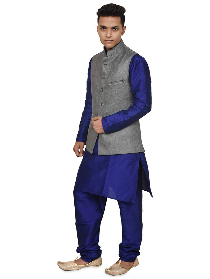 royal blue silk blend kurta pyjama with jacket ethnic wear set - 19187965 -  Standard Image - 1