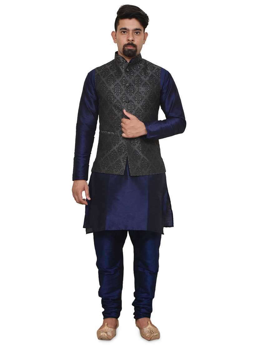 navy blue silk blend kurta pyjama with jacket ethnic wear set