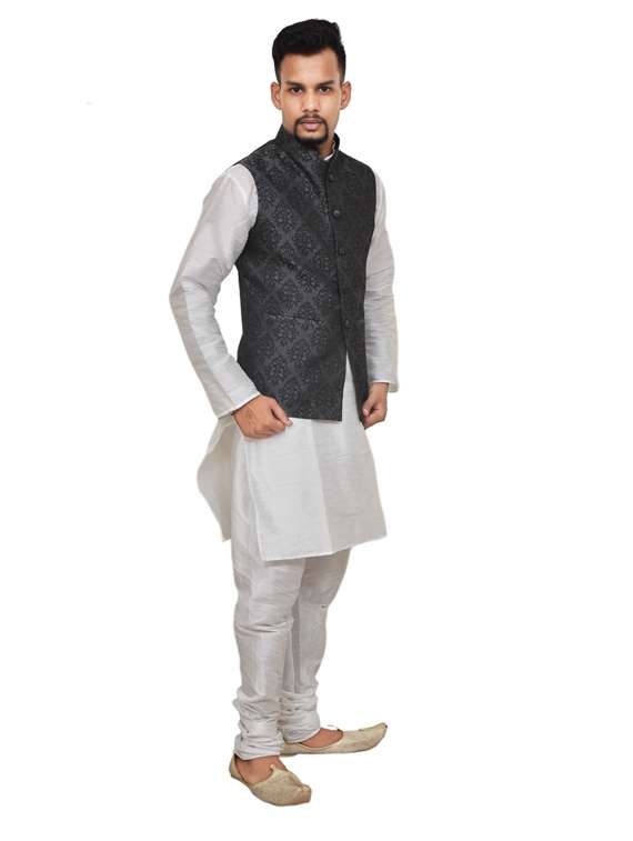 white silk blend kurta pyjama with jacket ethnic wear set - 19187969 -  Standard Image - 1