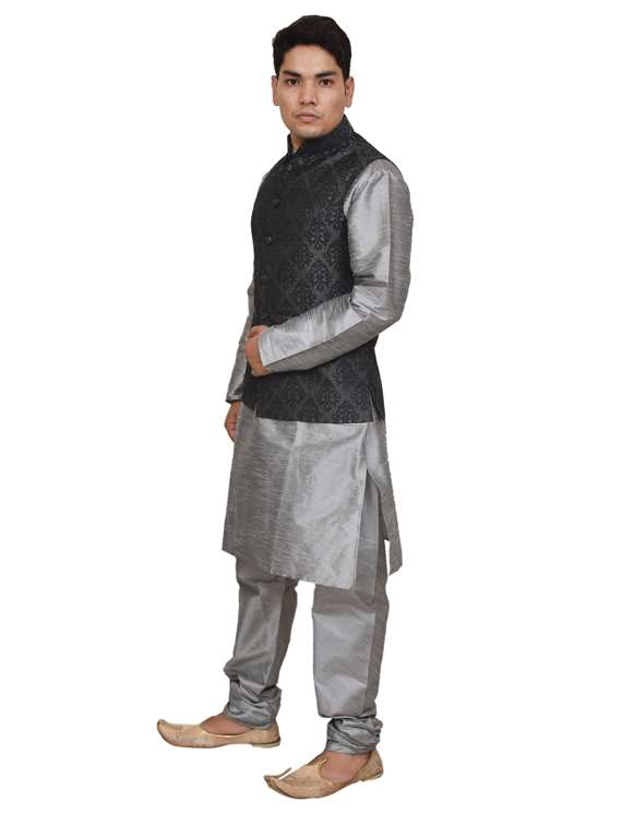 silver silk blend kurta pyjama with jacket ethnic wear set - 19187972 - Standard Image - 1