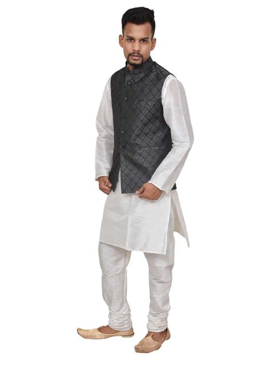 white silk blend kurta pyjama with jacket ethnic wear set - 19187973 -  Standard Image - 1